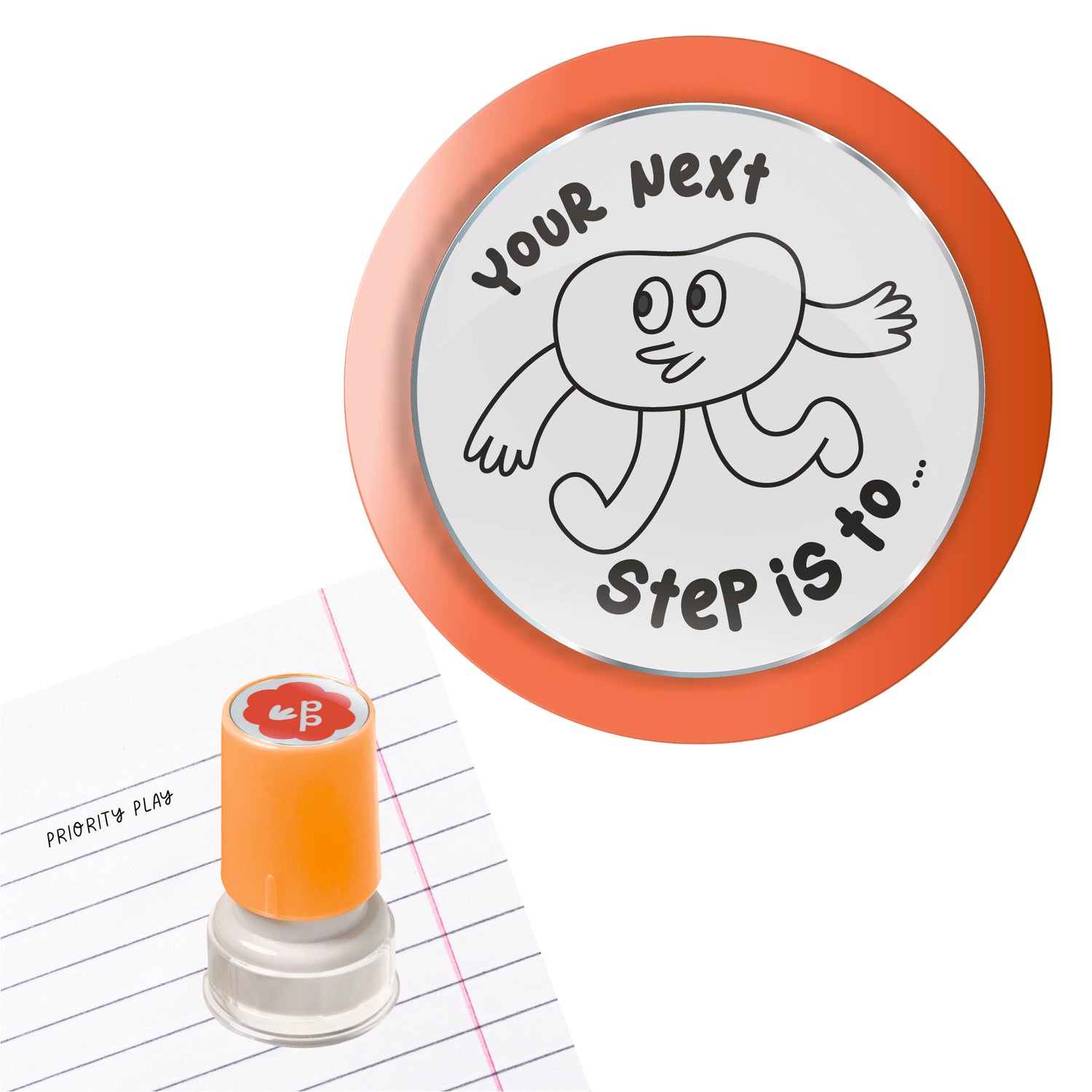 Priority Play ‘Your next step is…’ teacher feedback stamp in orange with a fun walking character illustration