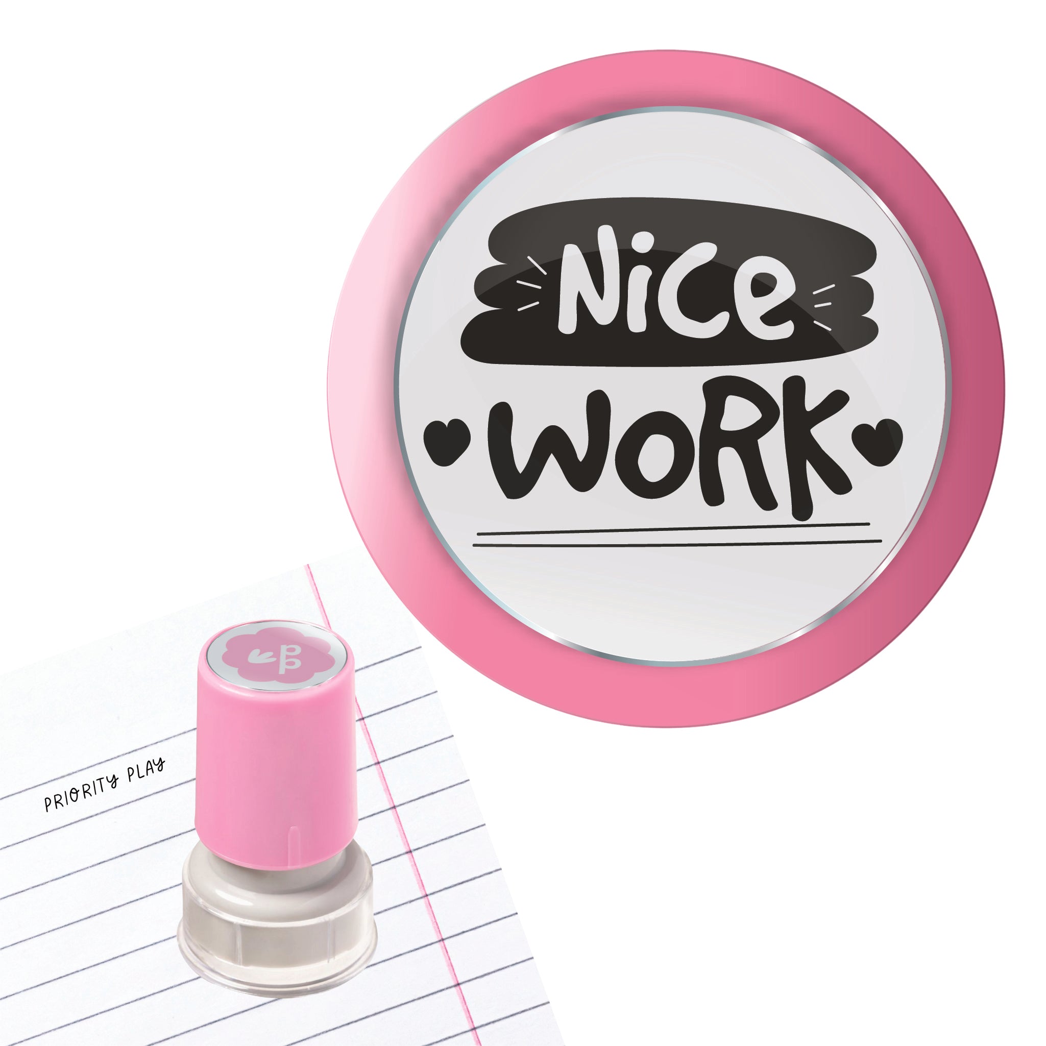 Priority Play “Nice Work” teacher stamp with fun hand-drawn text and little heart accents.