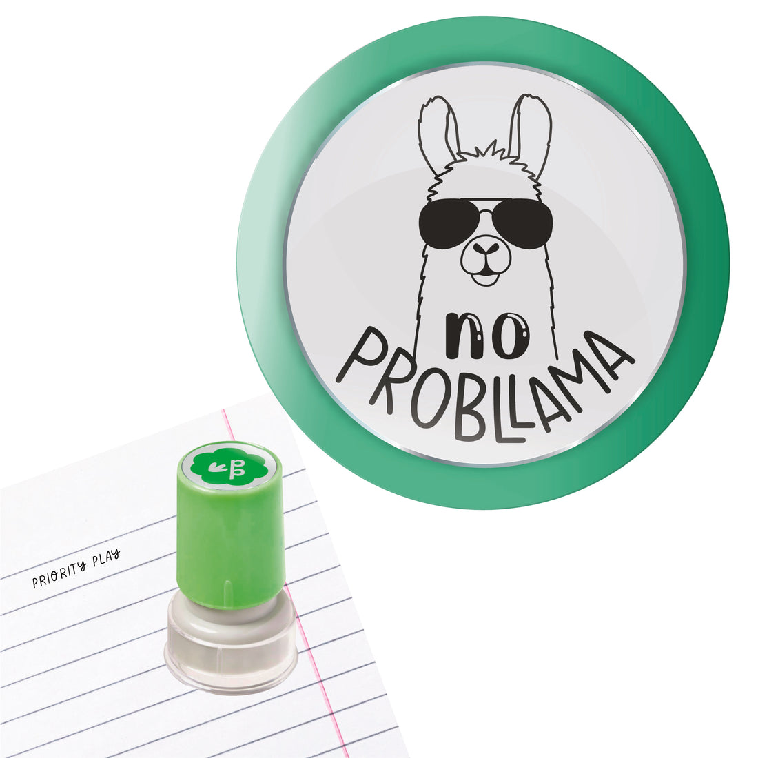 No Probllama teacher stamp featuring a cool llama wearing sunglasses, fun for student encouragement.