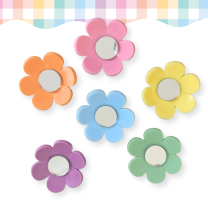 Pastel flower magnet set with six colourful acrylic flower magnets in pink, blue, yellow, green, orange and purple – cute magnets for classroom, fridge and decor.