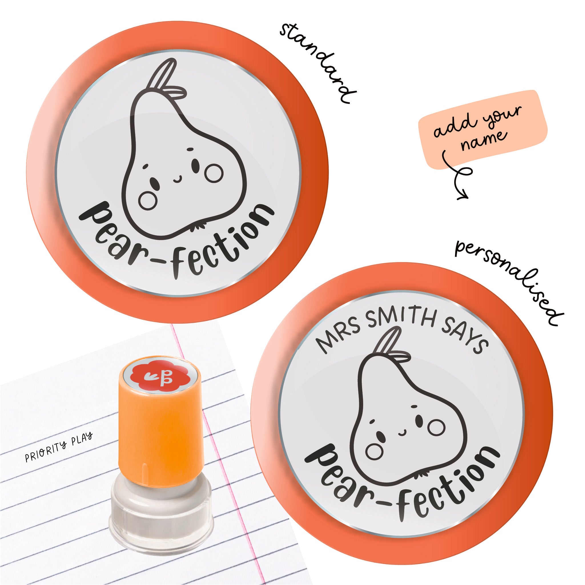 Pear-fection teacher stamp with adorable pear illustration – encouraging food pun stamp for students