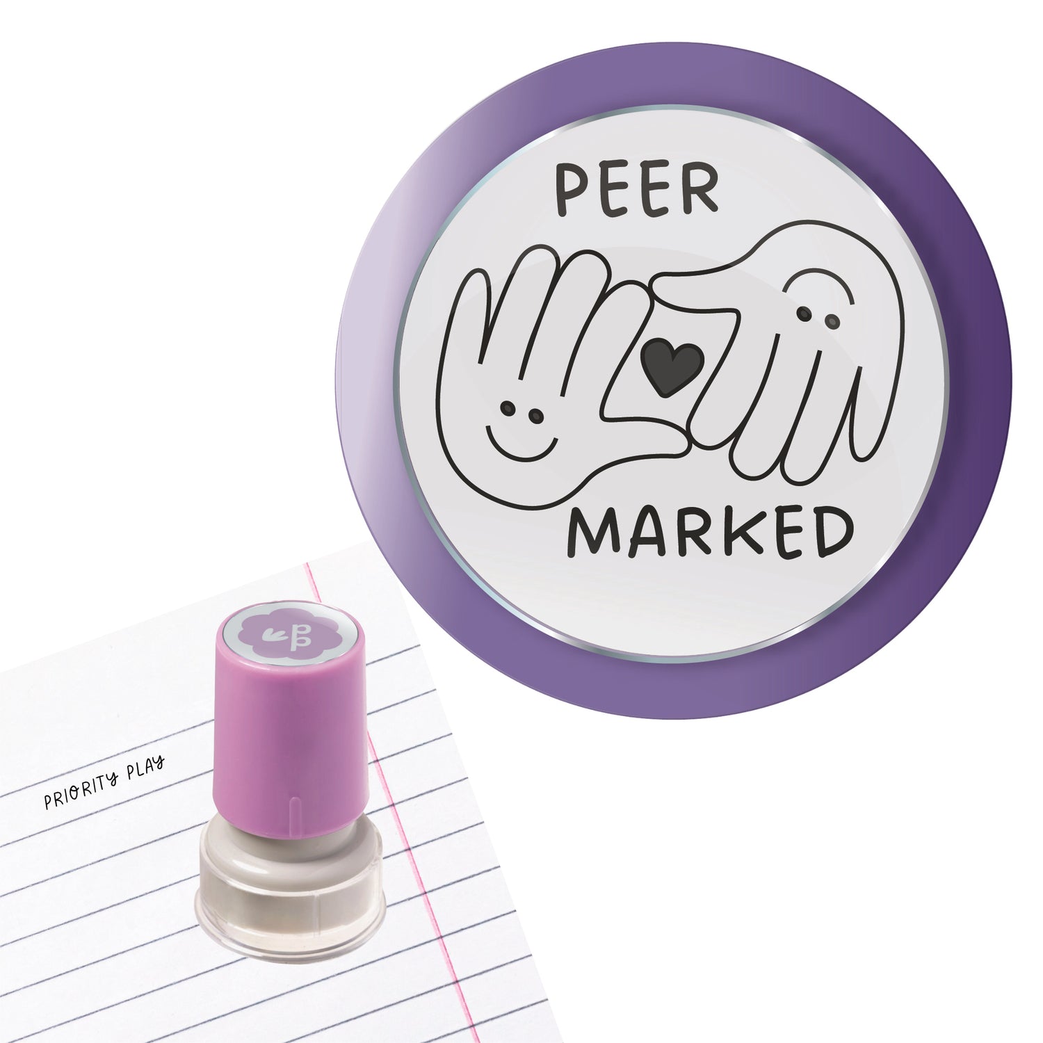 Peer marked teacher stamp featuring two smiling hands forming a heart – Priority Play peer assessment classroom stamp.