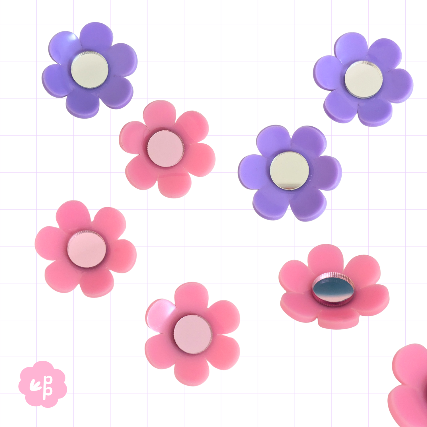 Pink and purple flower magnets in a 2 pack with handmade acrylic design – cute decorative magnets for classroom, whiteboard or fridge.