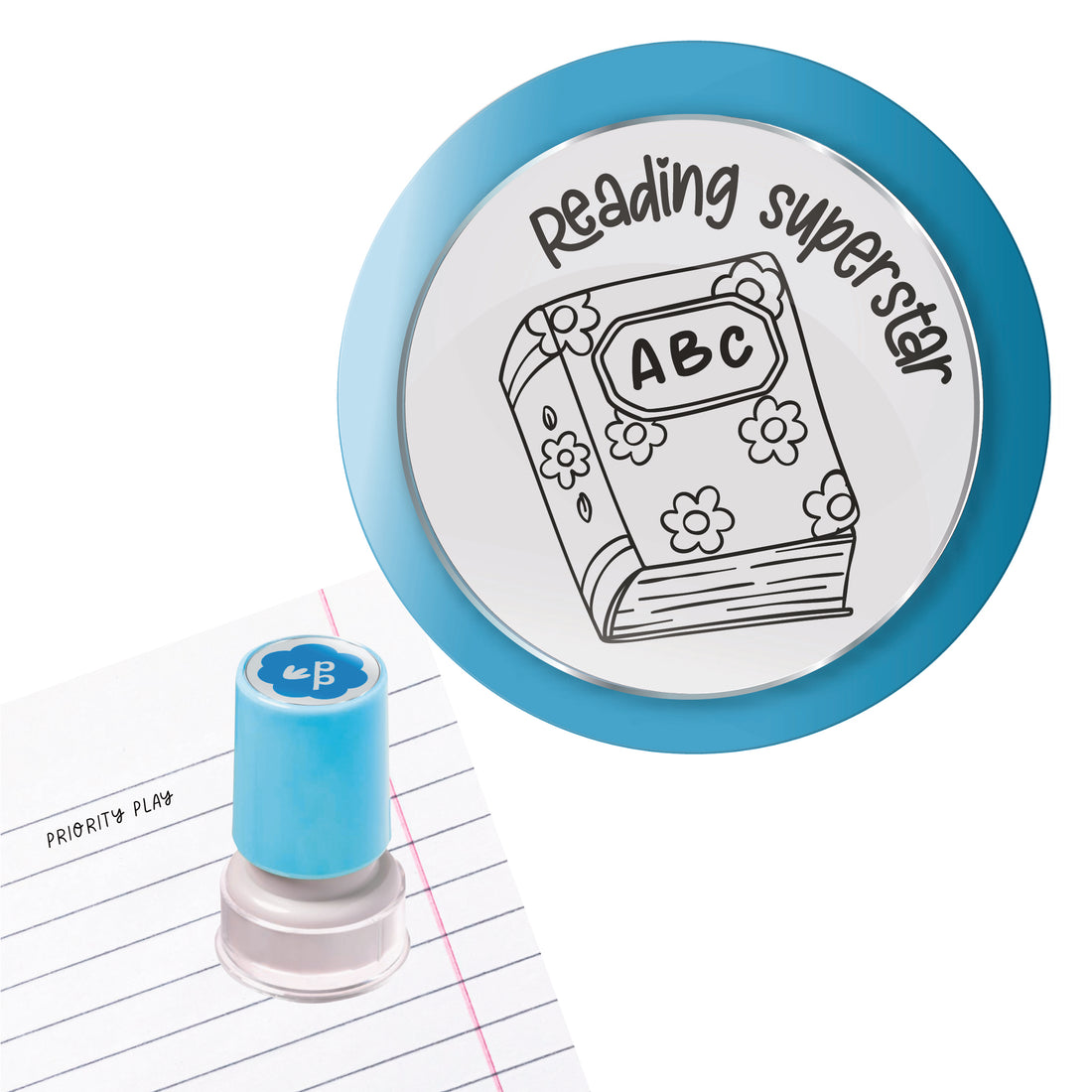 Reading superstar teacher stamp with illustrated book – Priority Play literacy reward stamp