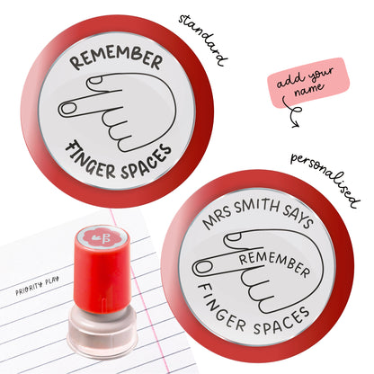 Teacher stamp showing two pointing fingers with the reminder “Remember finger spaces.” Available standard or personalised with teacher name.