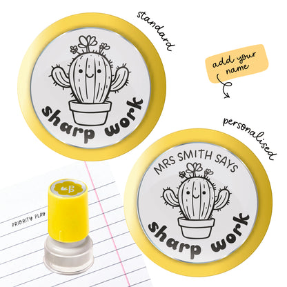 Sharp Work teacher stamp with a smiling cactus illustration, available in standard and personalised designs from Priority Play.