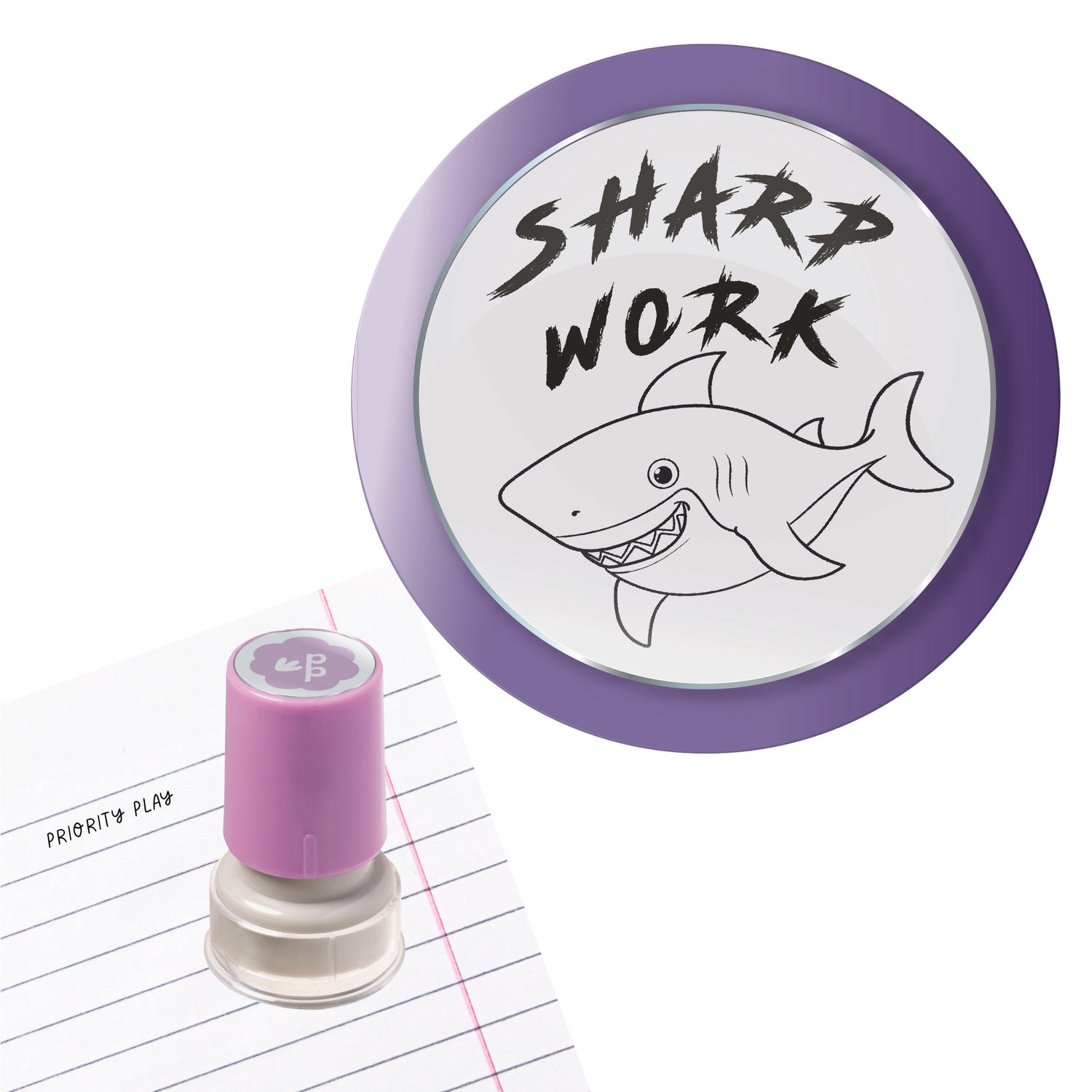 Priority Play ‘Sharp Work’ teacher stamp showing a grinning shark.