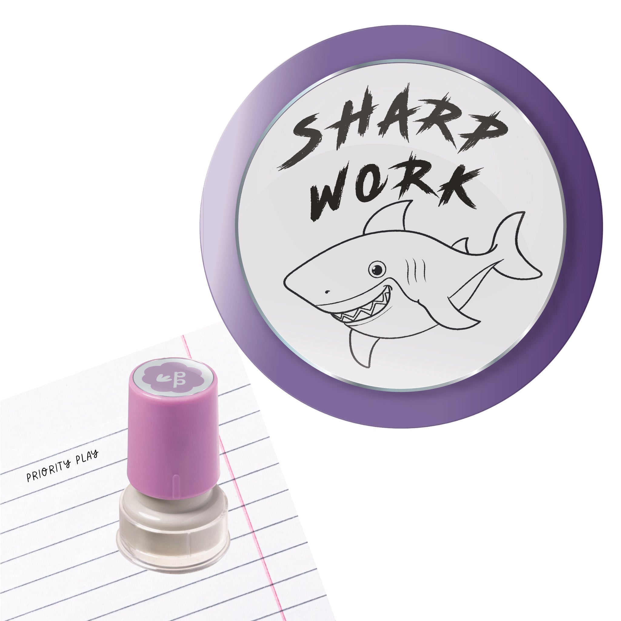 Priority Play ‘Sharp Work’ teacher stamp showing a grinning shark.
