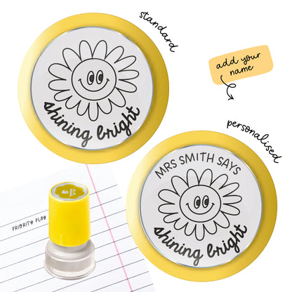 Glamorous Work teacher stamp with a fun flower character in sunglasses, shown in standard and personalised layouts from Priority Play