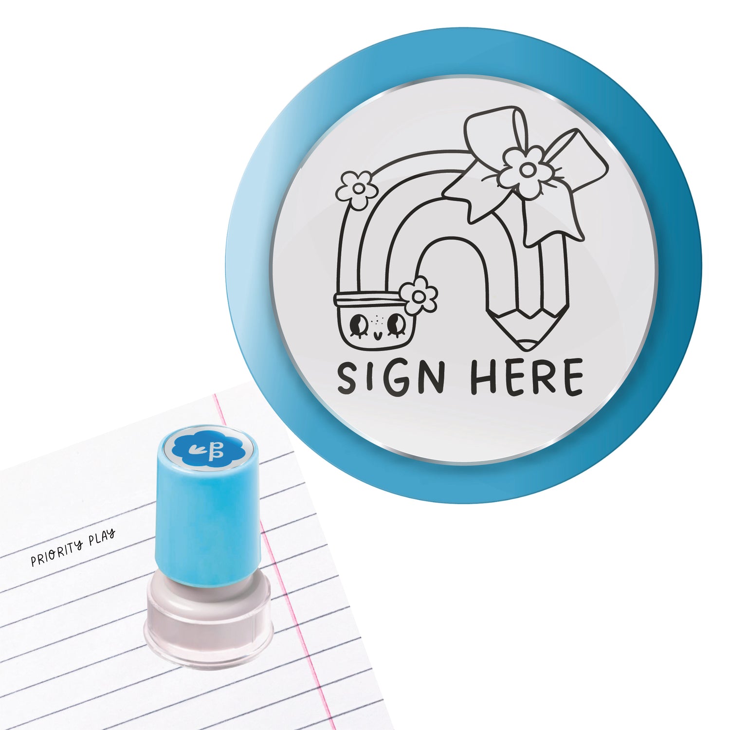 Sign Here teacher stamp with cute rainbow pencil and bow illustration – Priority Play marking and parent signature stamp