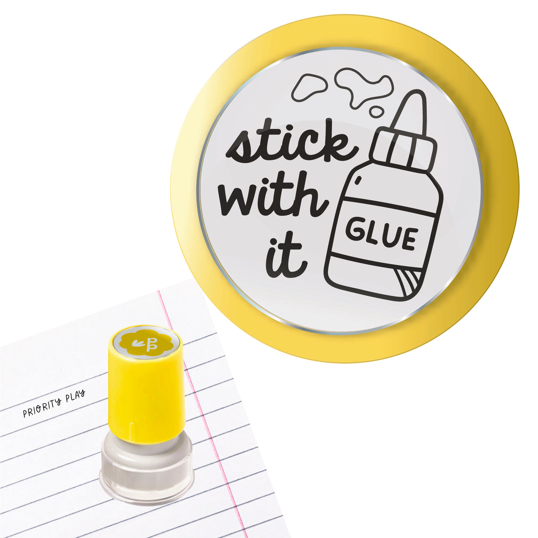 Stick with it glue bottle teacher stamp encouraging perseverance – Priority Play motivational stamp