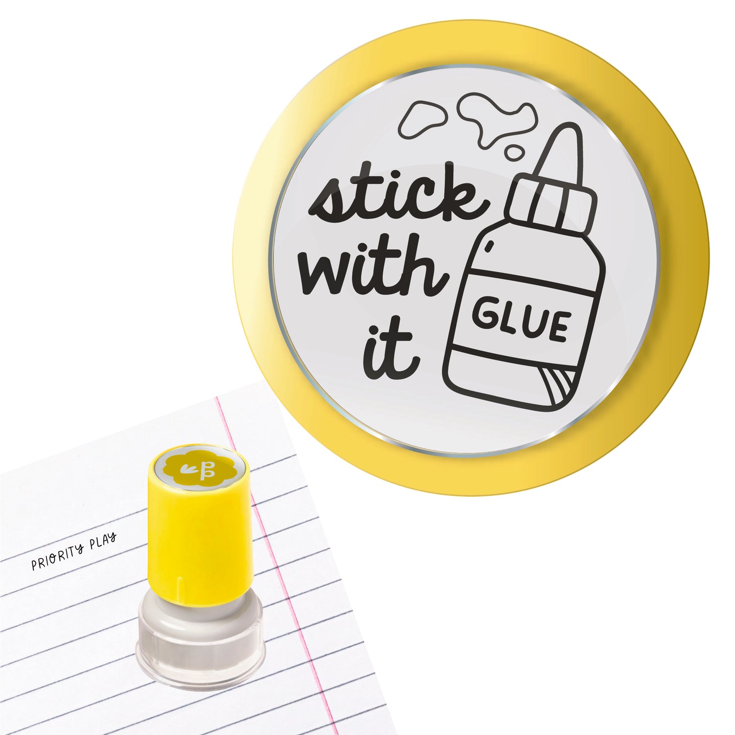 Stick with it glue bottle teacher stamp encouraging perseverance – Priority Play motivational stamp