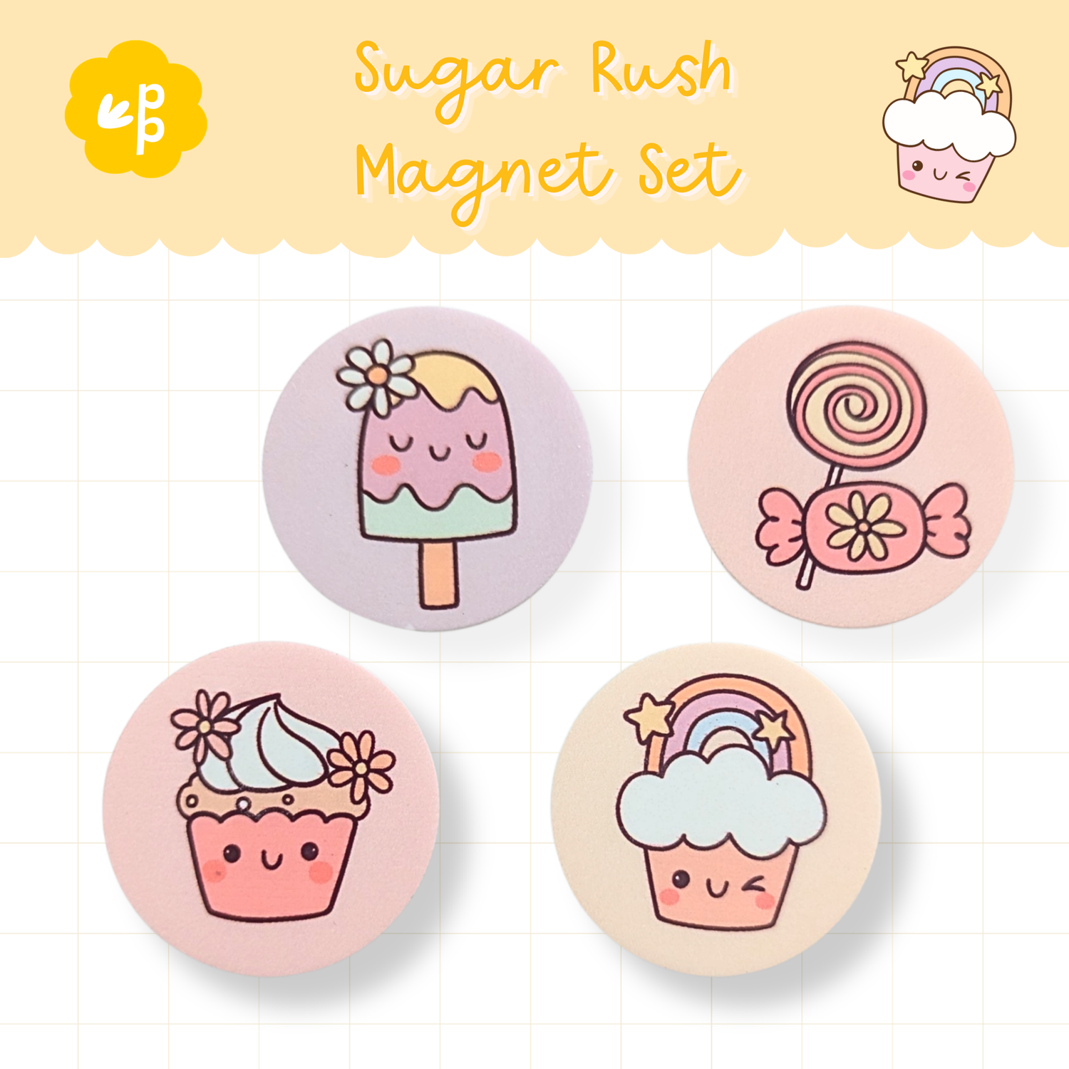 Sugar Rush magnet set featuring cupcakes, lollies and ice cream designs – cute pastel classroom magnets for teachers.