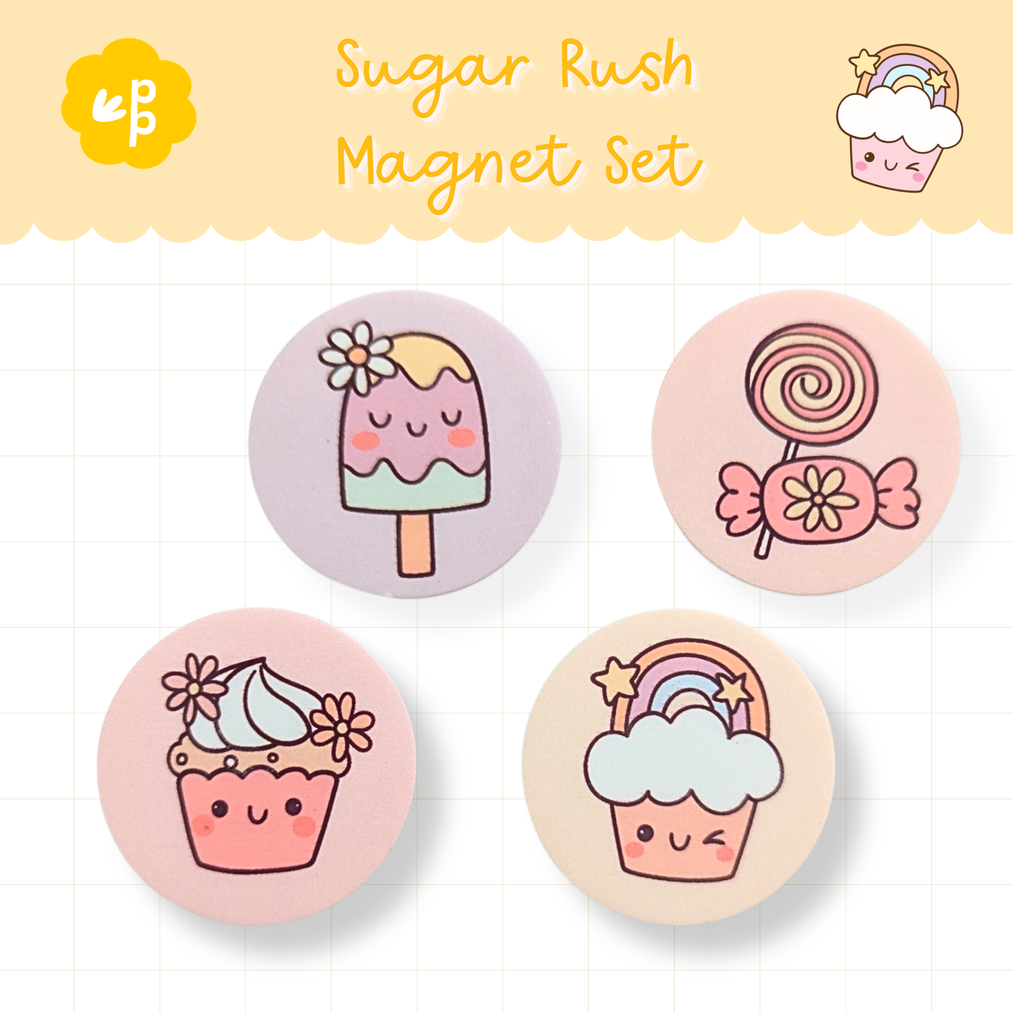 Sugar Rush magnet set featuring cupcakes, lollies and ice cream designs – cute pastel classroom magnets for teachers.