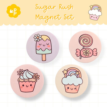 Sugar Rush magnet set featuring cupcakes, lollies and ice cream designs – cute pastel classroom magnets for teachers.