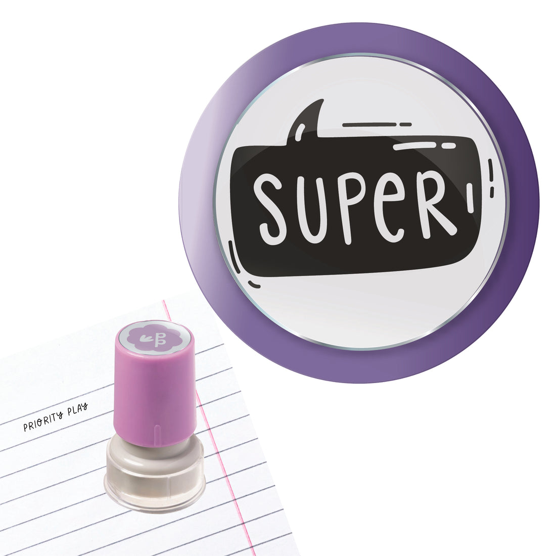 Priority Play “Super” teacher stamp inside a bold speech bubble design.
