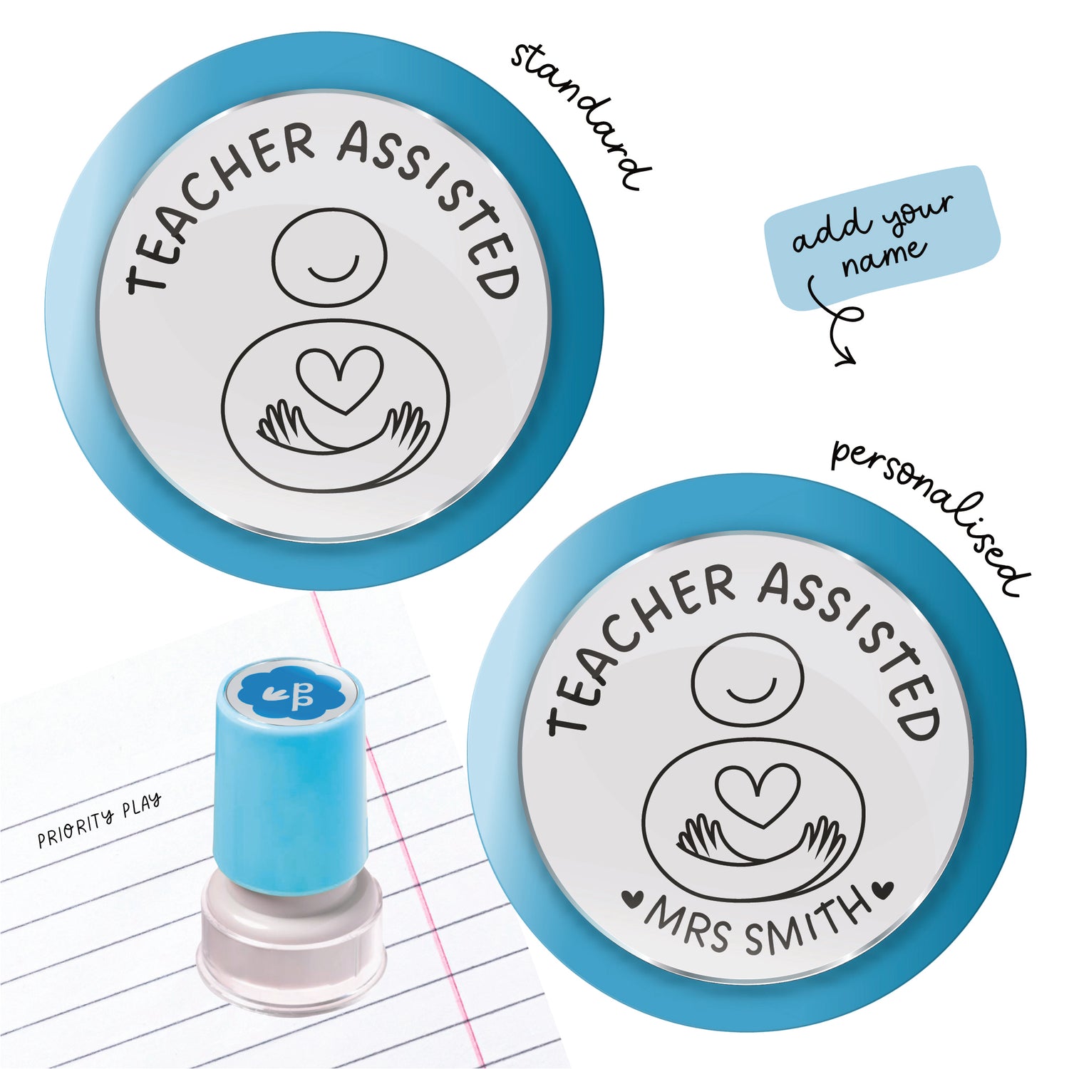 Teacher Assisted stamp with caring character holding a heart – Priority Play supportive feedback stamp.