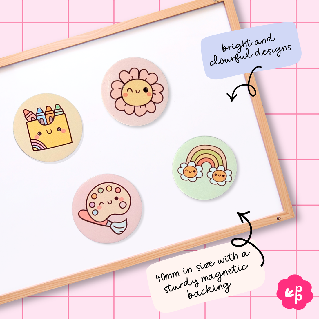 Cute teacher magnet set displayed on a whiteboard with pastel classroom magnets holding notes – decorative magnets for teachers and classroom organisation.
