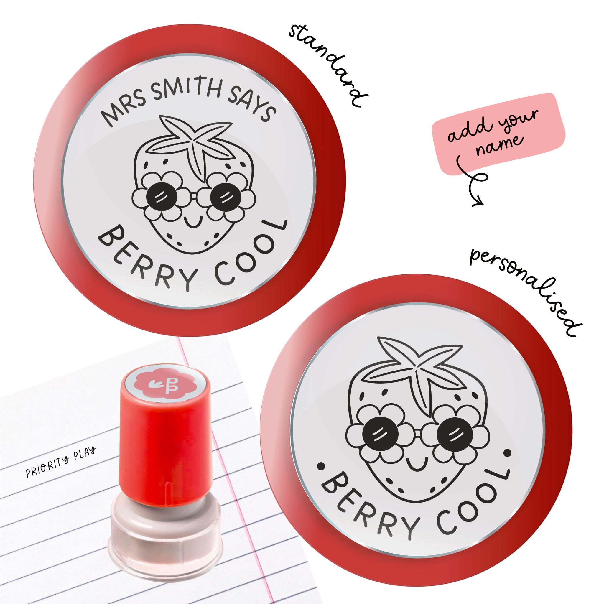 Teacher reward stamp with a cute strawberry wearing sunglasses and the phrase “Berry Cool.” Fun positive reinforcement stamp for students.
