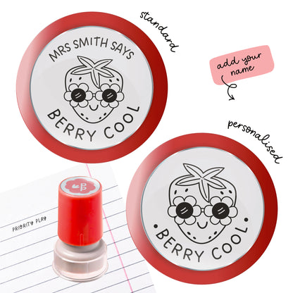 Teacher reward stamp with a cute strawberry wearing sunglasses and the phrase “Berry Cool.” Fun positive reinforcement stamp for students.
