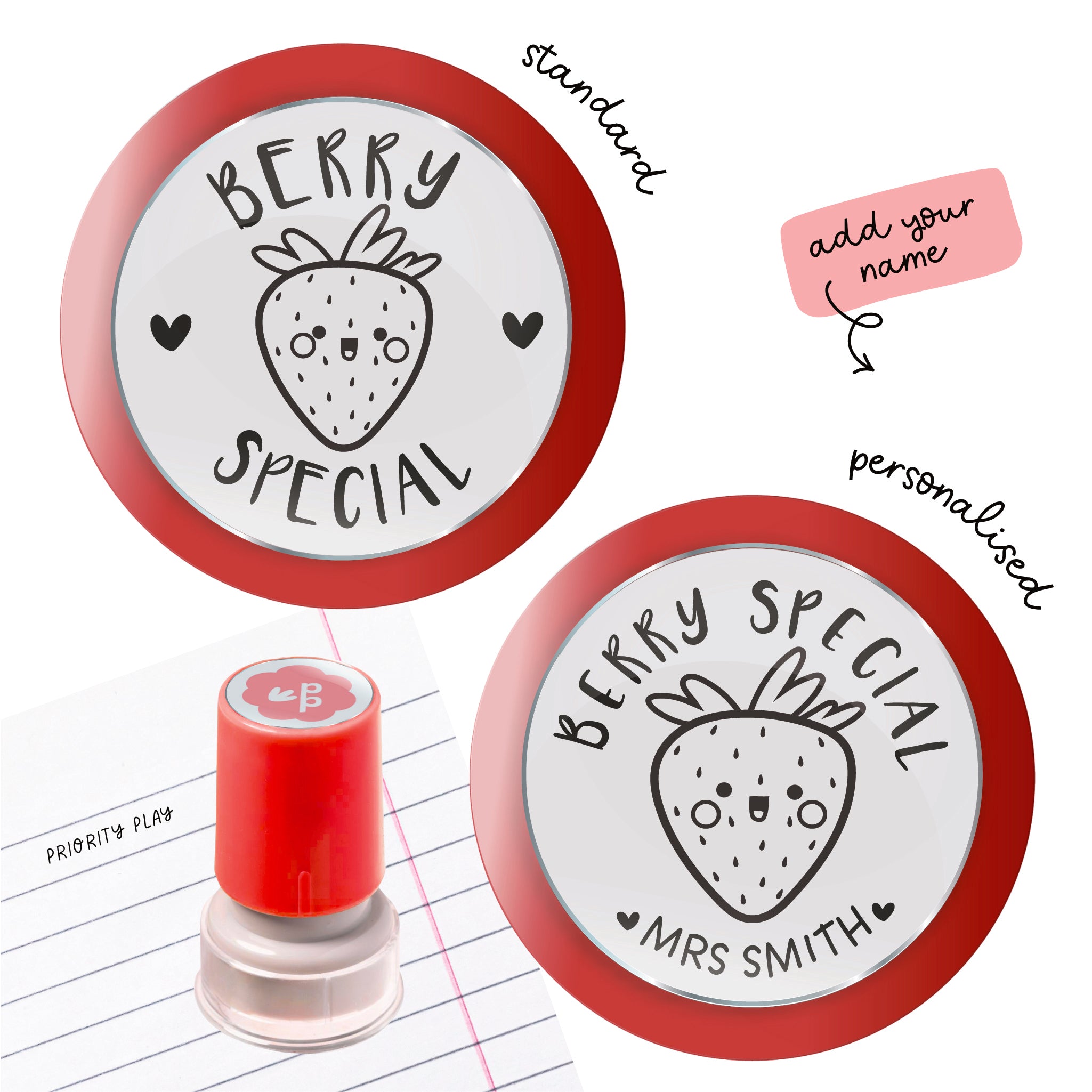 Teacher stamp featuring a sweet strawberry illustration with the message “Berry Special.” Encouraging food pun classroom stamp.
