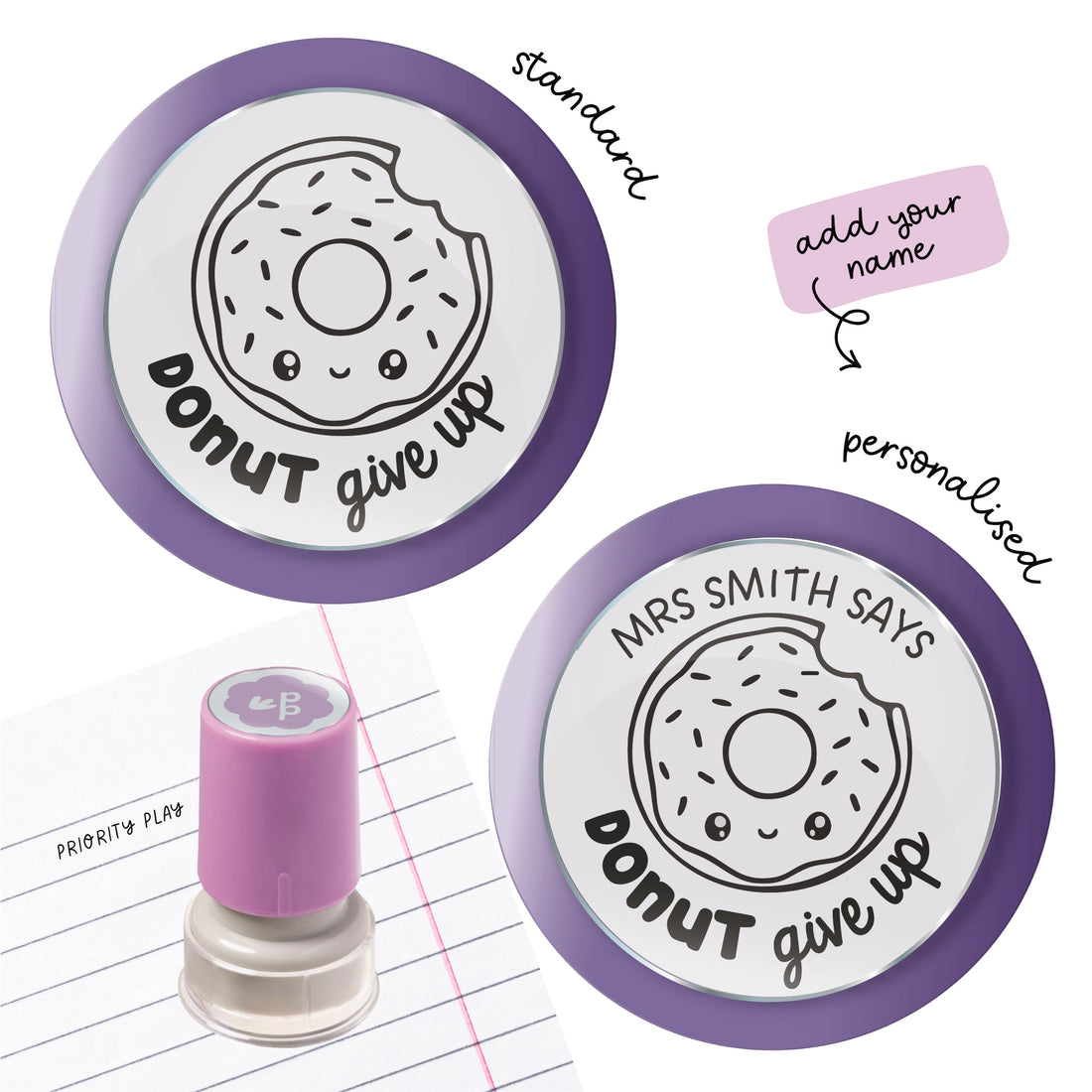 Motivational teacher stamp with a cute donut illustration and the pun “Donut give up.” Encouraging classroom stamp for resilience and effort.
