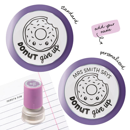 Motivational teacher stamp with a cute donut illustration and the pun “Donut give up.” Encouraging classroom stamp for resilience and effort.
