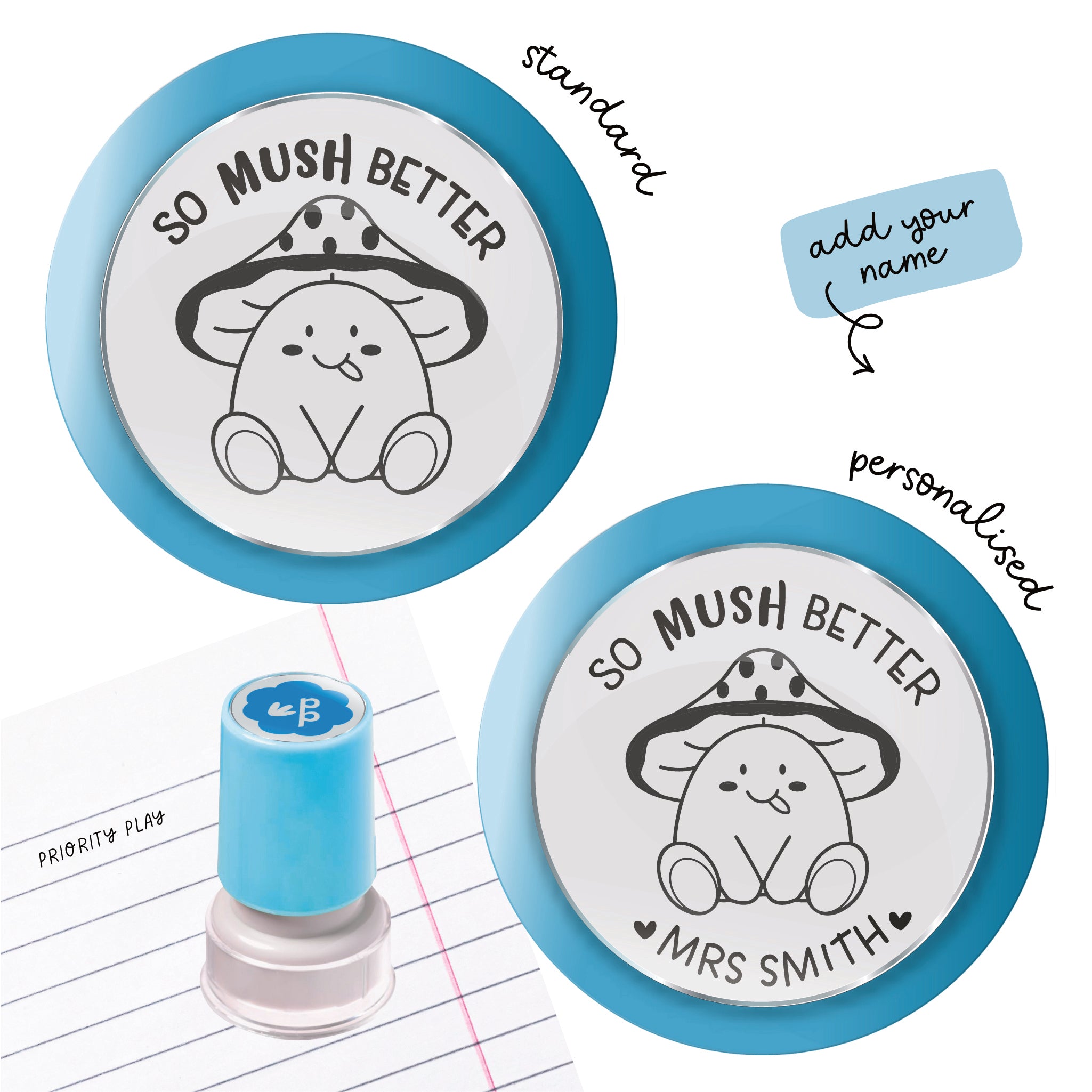 Cute mushroom teacher stamp with the pun “So Mush Better.” Fun food pun stamp for praising student improvement.
