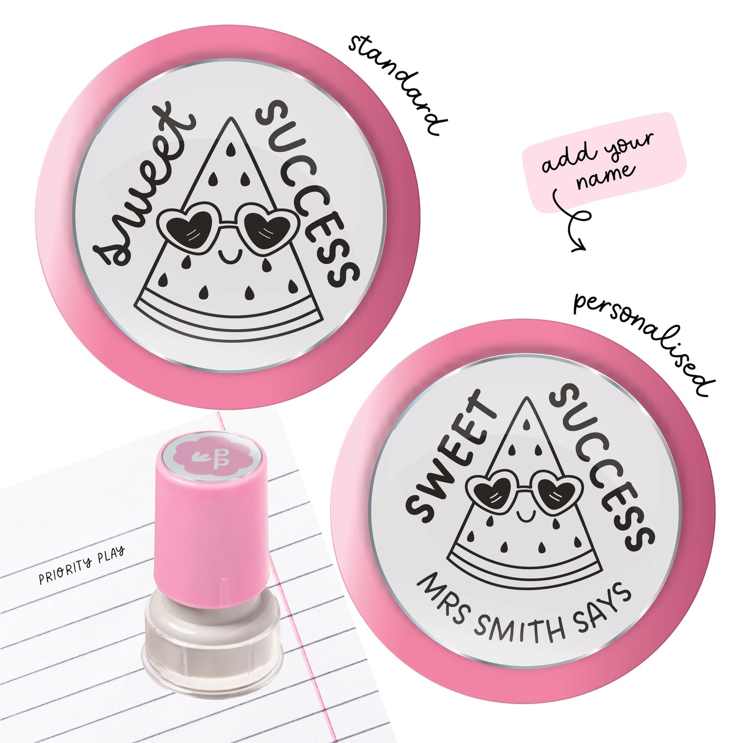 Teacher stamp featuring a smiling watermelon slice with heart sunglasses and the message “Sweet Success.” Positive food pun stamp for marking success.

