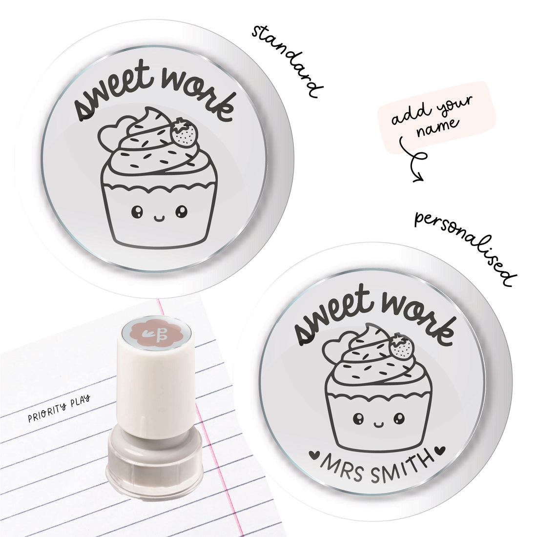 Cute cupcake teacher stamp with the words “Sweet Work.” Food pun classroom stamp for encouraging great student work.
