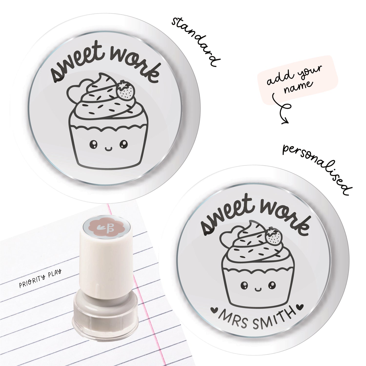 Cute cupcake teacher stamp with the words “Sweet Work.” Food pun classroom stamp for encouraging great student work.

