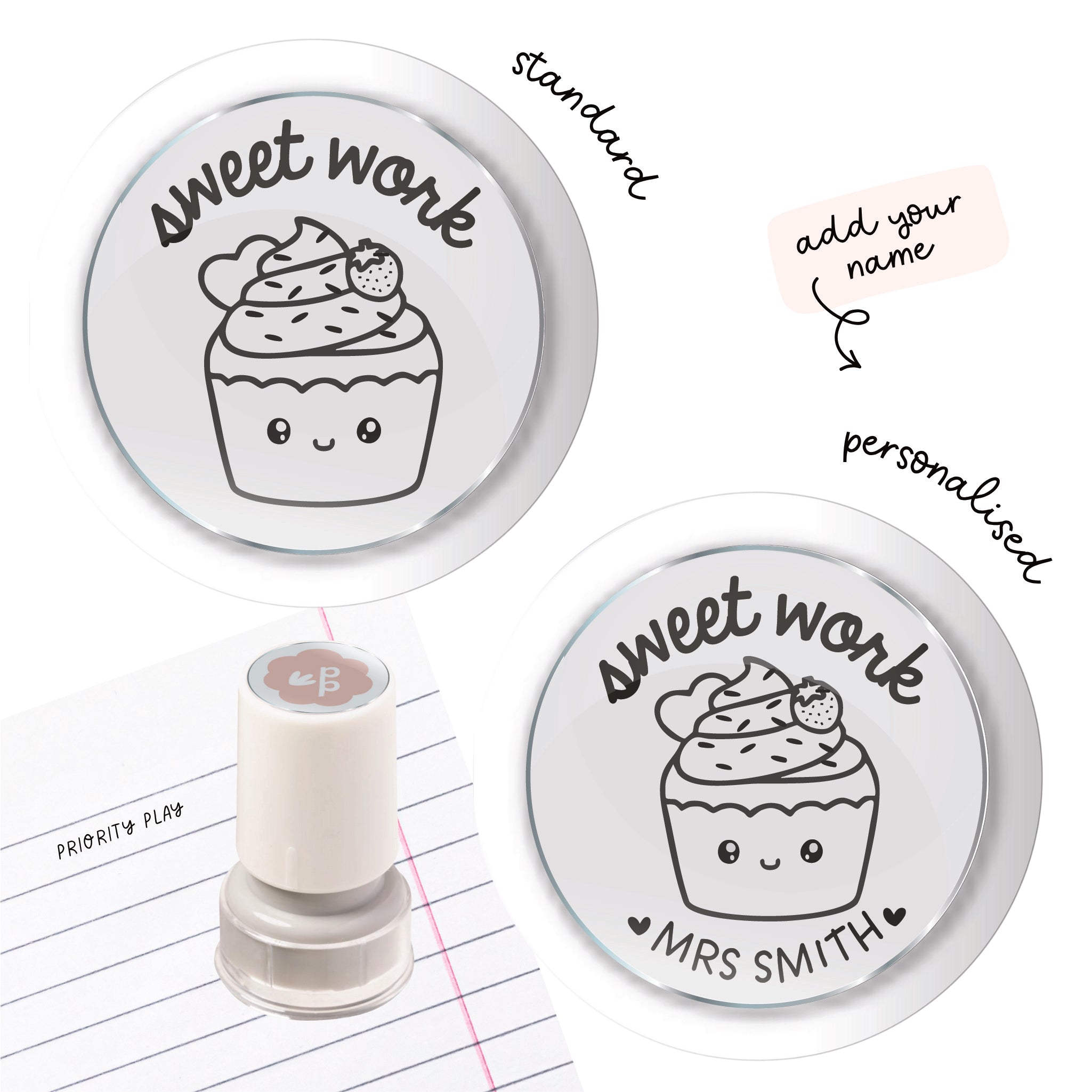 Cute cupcake teacher stamp with the words “Sweet Work.” Food pun classroom stamp for encouraging great student work.
