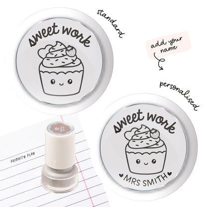 Cute cupcake teacher stamp with the words “Sweet Work.” Food pun classroom stamp for encouraging great student work.
