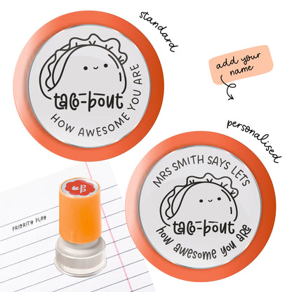 Teacher stamp featuring cute taco illustration with the pun “Taco-bout how awesome you are.” Fun food pun classroom stamp for rewarding student work.
