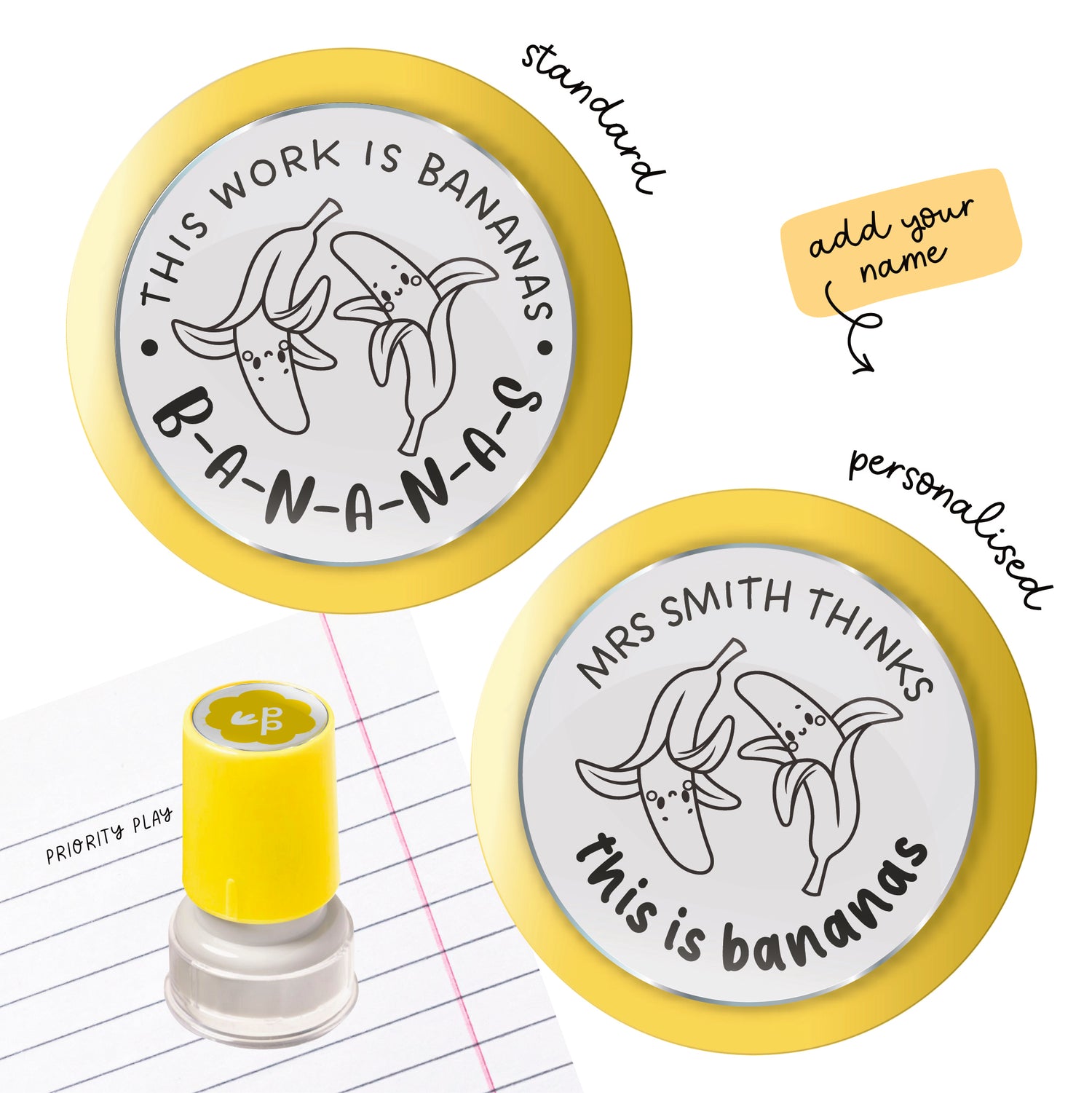Fun teacher stamp with dancing bananas and the phrase “This work is bananas.” Humorous food pun stamp for outstanding or quirky student work.
