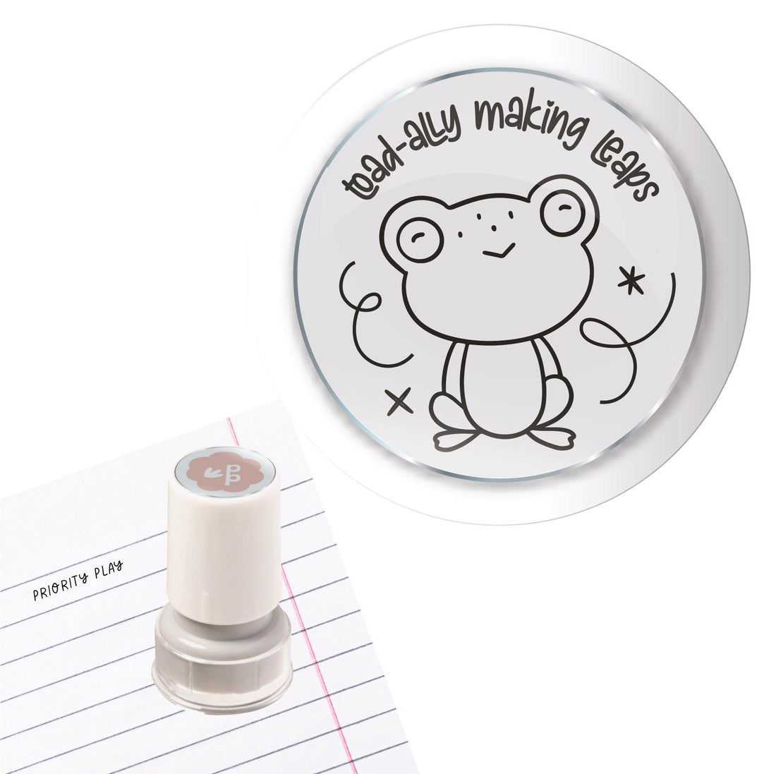 Priority Play ‘Toad-ally Making Leaps’ teacher stamp showing a cute frog with celebratory lines.