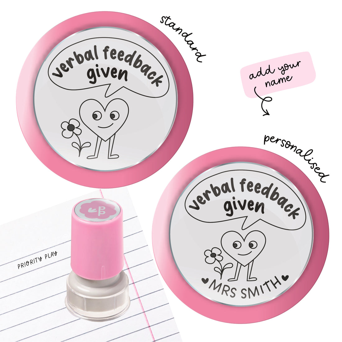 Verbal feedback given teacher stamp with cute heart character and flower – Priority Play marking stamp