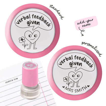 Verbal feedback given teacher stamp with cute heart character and flower – Priority Play marking stamp