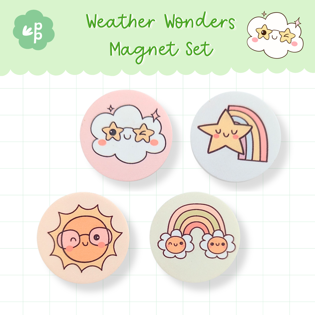 Weather Wonders magnet set featuring sun, rainbow and cloud designs – cute classroom magnets for teachers and whiteboards.