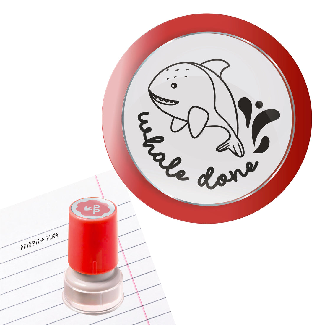 Priority Play ‘Whale Done’ teacher stamp featuring a smiling whale and splash graphic