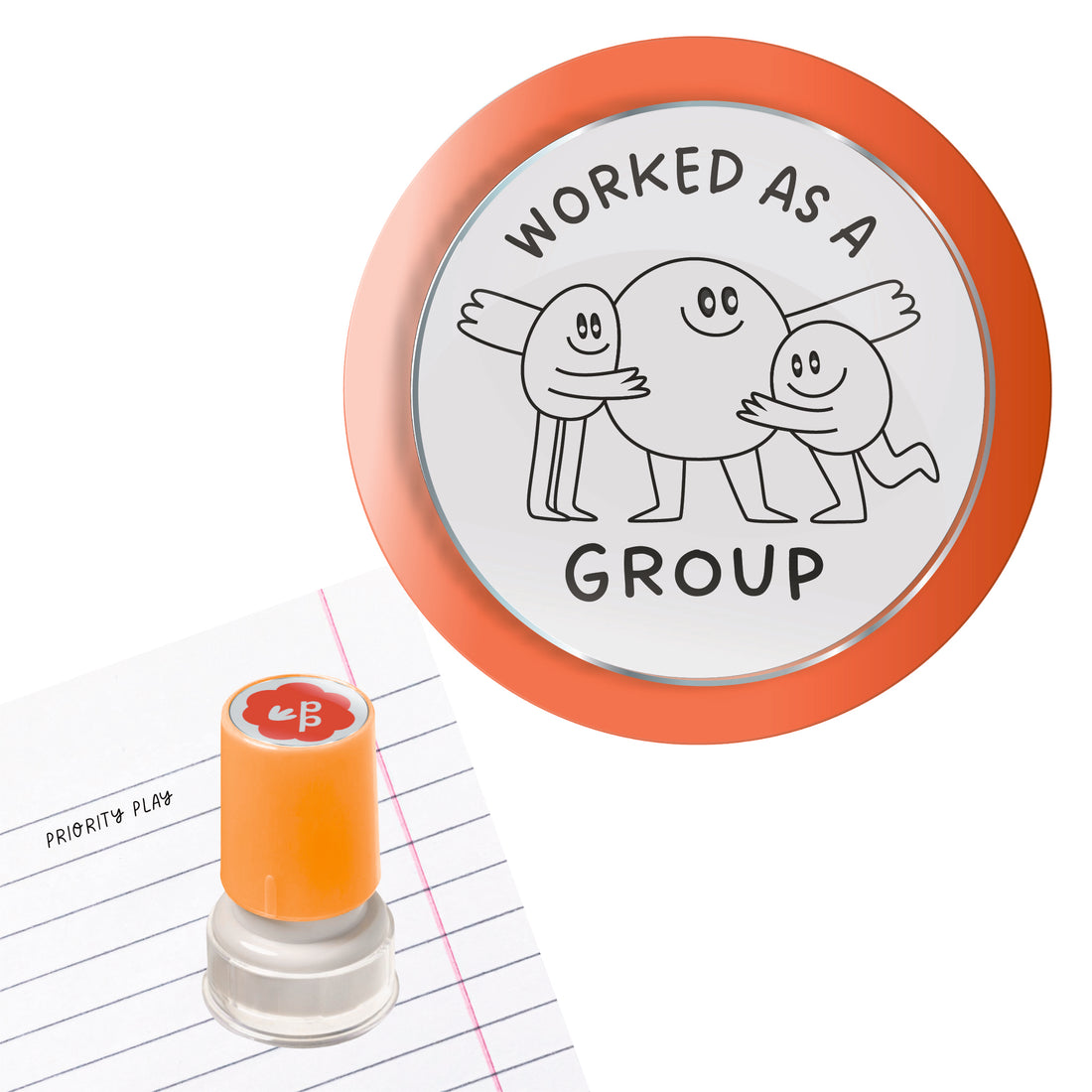 Worked as a group teacher stamp with three smiling characters – Priority Play collaboration marking stamp.