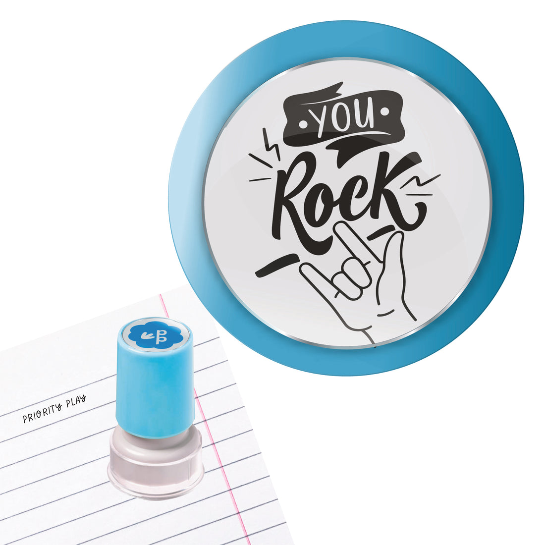 Priority Play “You Rock” teacher stamp with blue border and hand gesture illustration.