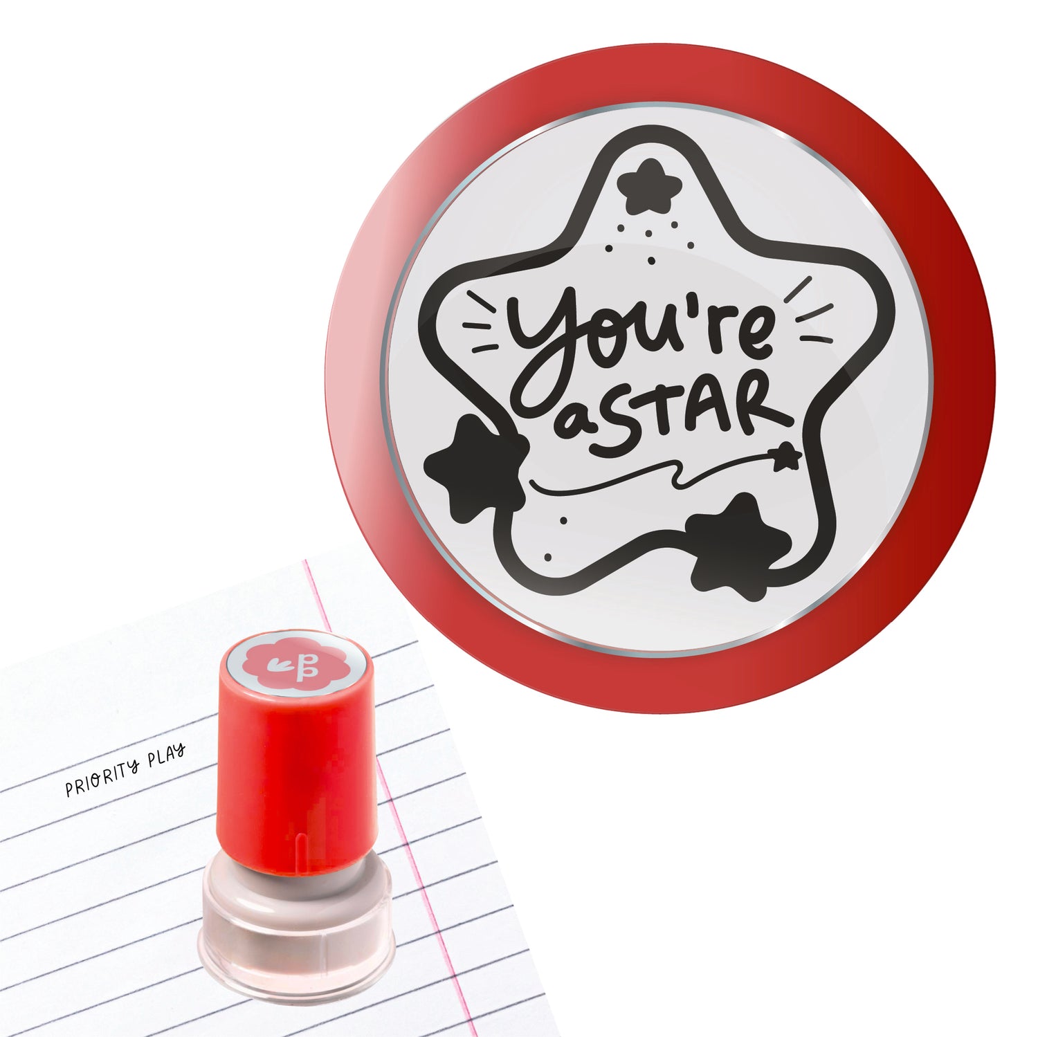  Red teacher stamp featuring a star-shaped design and the message “You’re a Star.”
