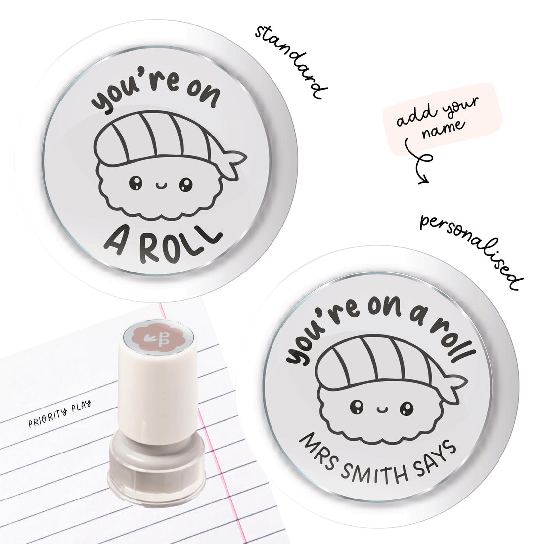 You’re on a roll sushi teacher stamp – playful food pun reward stamp for student encouragement.