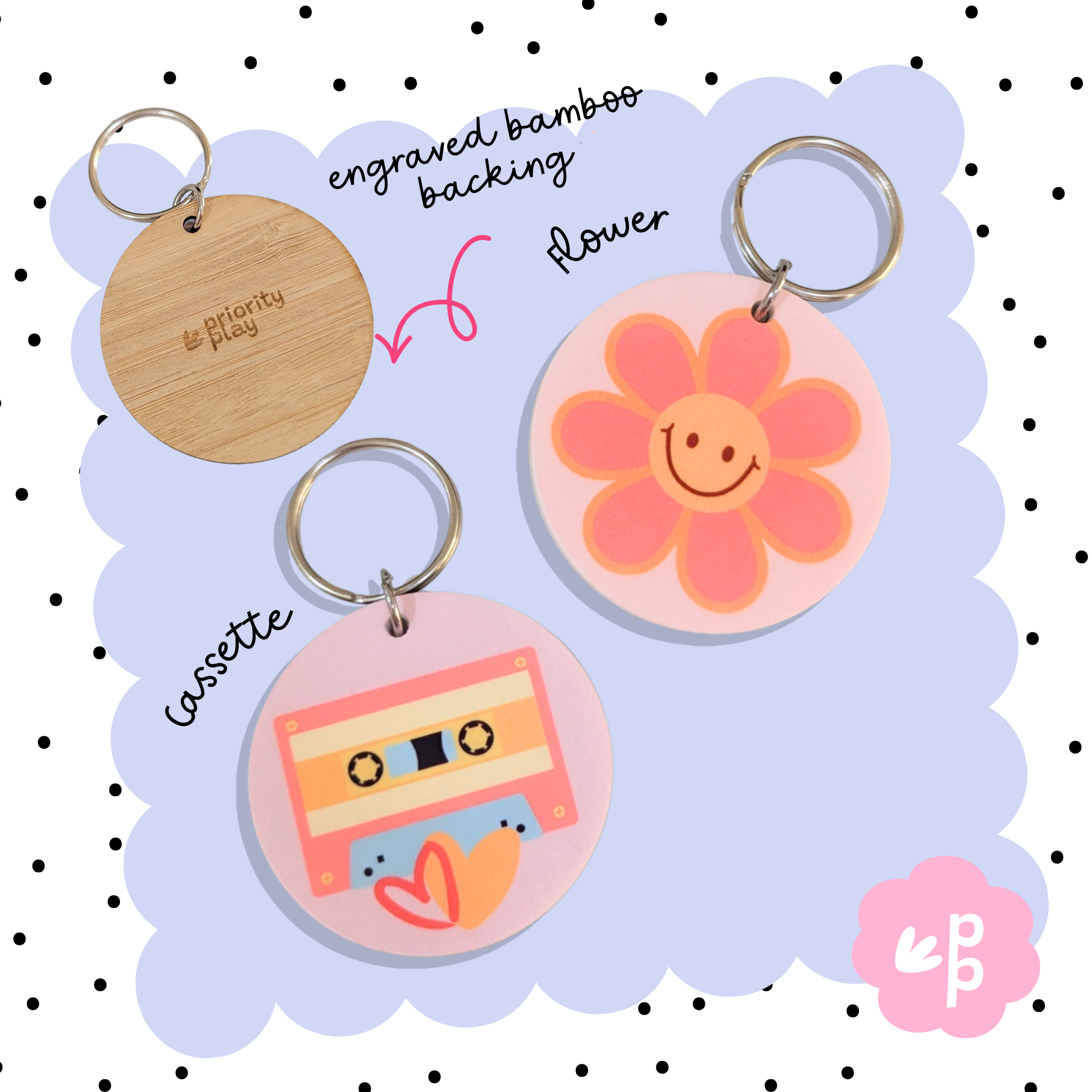 Retro 90s inspired keyrings featuring a pink smiley flower and pastel cassette design with engraved bamboo backing by Priority Play.