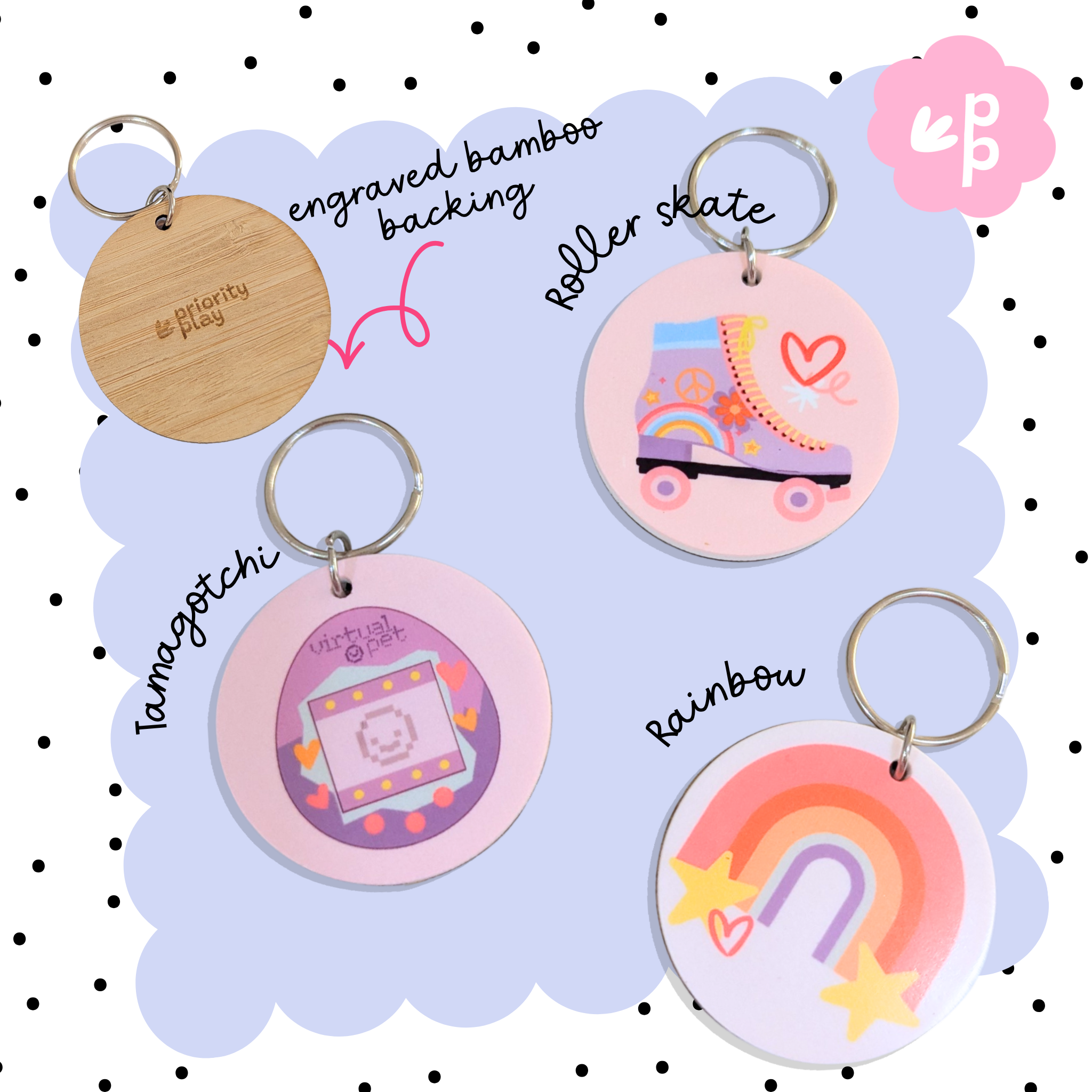 90s themed keyrings with roller skate, rainbow, and virtual pet designs in pink pastel tones and bamboo backing by Priority Play