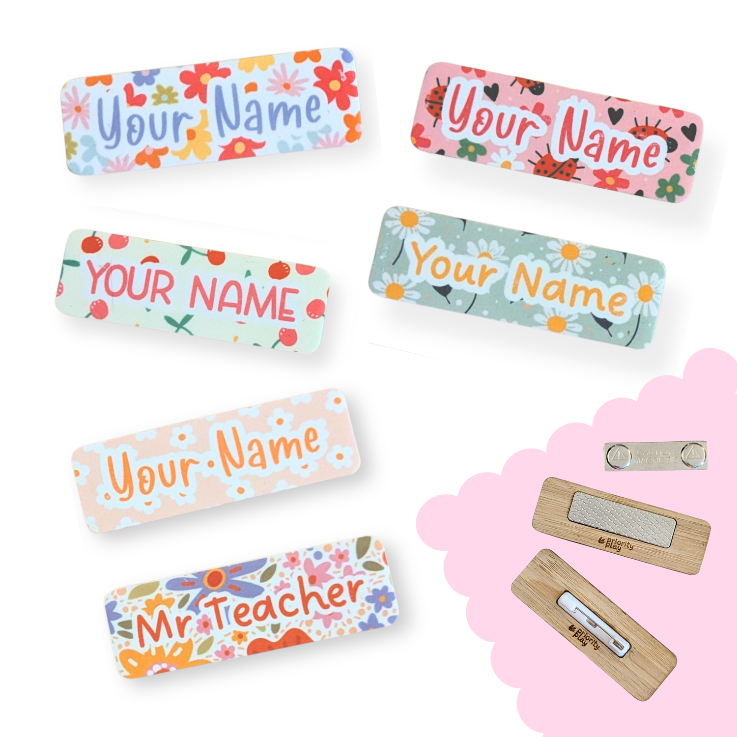 Six unisex teacher name badges with colorful floral and patterned designs displayed with bamboo backings showing magnet and pin attachment options.