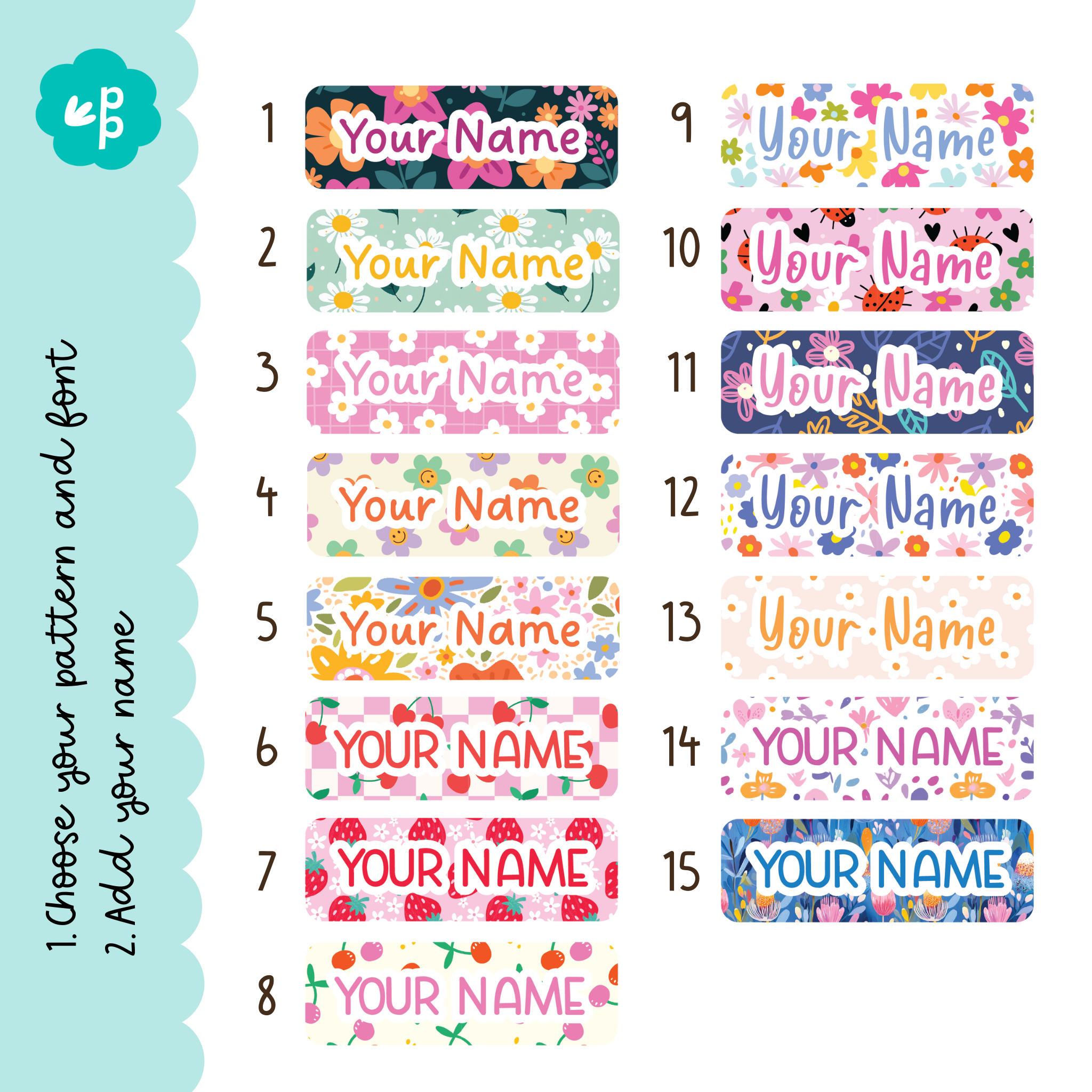 Pattern selection guide for unisex educator name badges showing 15 colorful design options numbered one to fifteen with “Choose your pattern and font” instructions on the side.