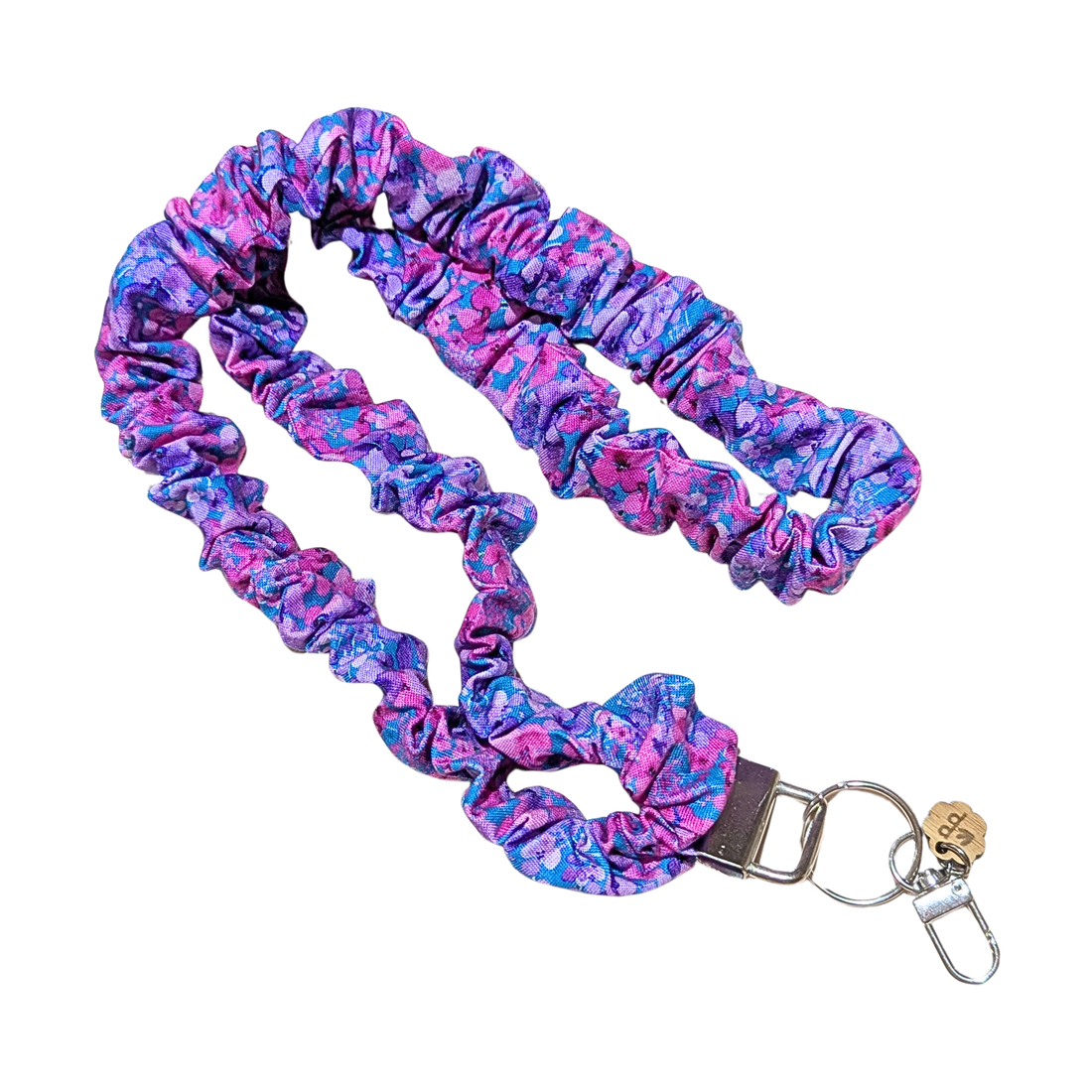 purple blossom scrunchie teacher lanyard with a white background