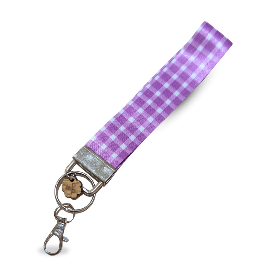 Handmade purple gingham wristlet keychain, ideal for teachers or everyday key carrying.